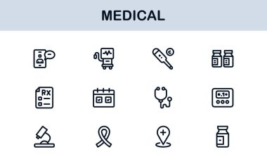Tıbbi Satır Simgesi Koleksiyonu Eşsiz, sağlık, sağlık ve klinik görsel iletişim için tasarlanmış temiz ve prim sembolleri