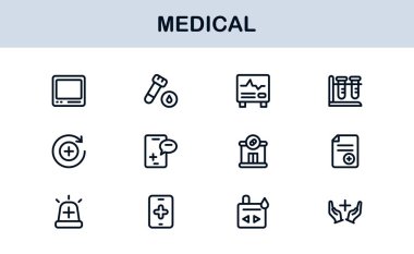 Tıbbi Satır Simgesi Koleksiyonu Eşsiz, sağlık, sağlık ve klinik görsel iletişim için tasarlanmış temiz ve prim sembolleri