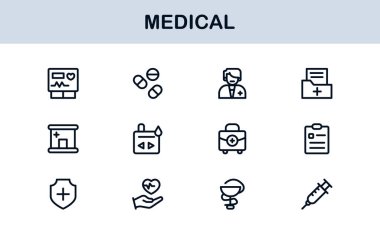 Tıbbi Satır Simgesi Koleksiyonu Eşsiz, sağlık, sağlık ve klinik görsel iletişim için tasarlanmış temiz ve prim sembolleri