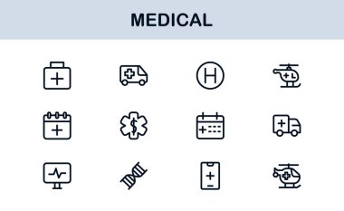 Tıbbi Satır Simgesi Koleksiyonu Eşsiz, sağlık, sağlık ve klinik görsel iletişim için tasarlanmış temiz ve prim sembolleri