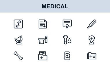 Tıbbi Satır Simgesi Koleksiyonu Eşsiz, sağlık, sağlık ve klinik görsel iletişim için tasarlanmış temiz ve prim sembolleri