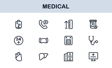 Tıbbi Satır Simgesi Koleksiyonu Eşsiz, sağlık, sağlık ve klinik görsel iletişim için tasarlanmış temiz ve prim sembolleri