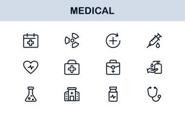 Tıbbi Satır Simgesi Koleksiyonu Eşsiz, sağlık, sağlık ve klinik görsel iletişim için tasarlanmış temiz ve prim sembolleri