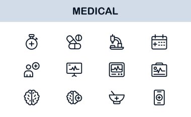 Tıbbi Satır Simgesi Koleksiyonu Eşsiz, sağlık, sağlık ve klinik görsel iletişim için tasarlanmış temiz ve prim sembolleri