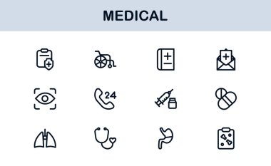 Tıbbi Satır Simgesi Koleksiyonu Eşsiz, sağlık, sağlık ve klinik görsel iletişim için tasarlanmış temiz ve prim sembolleri