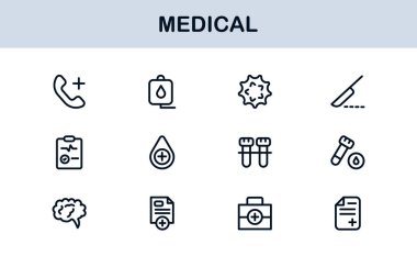 Tıbbi Satır Simgesi Koleksiyonu Eşsiz, sağlık, sağlık ve klinik görsel iletişim için tasarlanmış temiz ve prim sembolleri