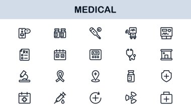 Tıbbi Satır Simgesi Koleksiyonu Eşsiz, sağlık, sağlık ve klinik görsel iletişim için tasarlanmış temiz ve prim sembolleri