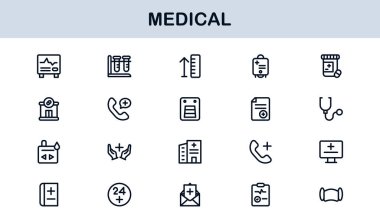 Tıbbi Satır Simgesi Koleksiyonu Eşsiz, sağlık, sağlık ve klinik görsel iletişim için tasarlanmış temiz ve prim sembolleri