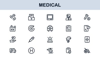 Tıbbi Satır Simgesi Koleksiyonu Eşsiz, sağlık, sağlık ve klinik görsel iletişim için tasarlanmış temiz ve prim sembolleri
