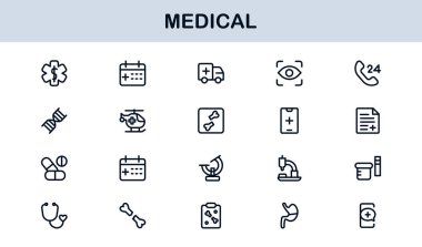 Tıbbi Satır Simgesi Koleksiyonu Eşsiz, sağlık, sağlık ve klinik görsel iletişim için tasarlanmış temiz ve prim sembolleri