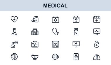 Tıbbi Satır Simgesi Koleksiyonu Eşsiz, sağlık, sağlık ve klinik görsel iletişim için tasarlanmış temiz ve prim sembolleri