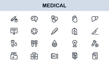 Tıbbi Satır Simgesi Koleksiyonu Eşsiz, sağlık, sağlık ve klinik görsel iletişim için tasarlanmış temiz ve prim sembolleri