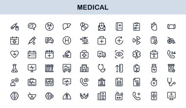 Tıbbi Satır Simgesi Koleksiyonu Eşsiz, sağlık, sağlık ve klinik görsel iletişim için tasarlanmış temiz ve prim sembolleri