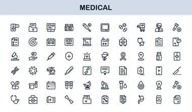 Tıbbi Satır Simgesi Koleksiyonu Eşsiz, sağlık, sağlık ve klinik görsel iletişim için tasarlanmış temiz ve prim sembolleri