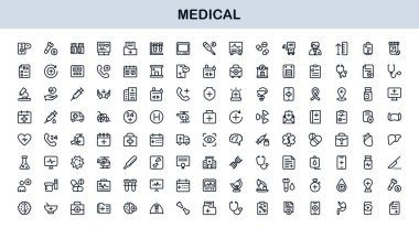 Tıbbi Satır Simgesi Koleksiyonu Eşsiz, sağlık, sağlık ve klinik görsel iletişim için tasarlanmış temiz ve prim sembolleri