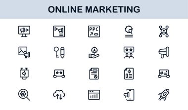 Çevrimiçi Pazarlama Satırı Simgesi Ayarlandı. Dijital Reklamcılık, Sosyal Medya ve E-Ticaret İçin Profesyonel Asgari Taslak Simgeleri
