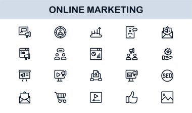 Çevrimiçi Pazarlama Satırı Simgesi Ayarlandı. Dijital Reklamcılık, Sosyal Medya ve E-Ticaret İçin Profesyonel Asgari Taslak Simgeleri