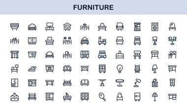 Mobilya Hattı Simgesi Ayarlandı. Ev, Ofis ve İç Tasarım Projeleri İçin Profesyonel Asgari Tasarım Simgeleri