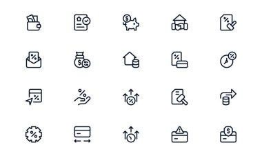 Kredi Kredileri Profesyonel İpotek Çizgisi Simgesi Ayarlandı. Bankacılık Kredi ve Yatırım İçin Modern Minimum Finans Vektör Simgeleri