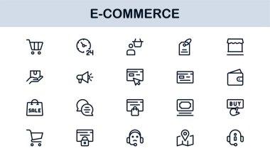 Çevrimiçi Alışveriş, Çıkış, Teslimat ve Ödeme Grafikleri içeren Profesyonel E-Ticaret Simgesi Koleksiyonu