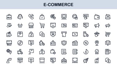 Çevrimiçi Alışveriş, Çıkış, Teslimat ve Ödeme Grafikleri içeren Profesyonel E-Ticaret Simgesi Koleksiyonu