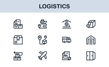 Taşımacılık, Teslimat, Ulaşım, Depo ve Tedarik Zinciri Sembolleri içeren Vektör Biçimli Lojistik Simgesi Ayarlandı