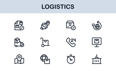 Taşımacılık, Teslimat, Ulaşım, Depo ve Tedarik Zinciri Sembolleri içeren Vektör Biçimli Lojistik Simgesi Ayarlandı