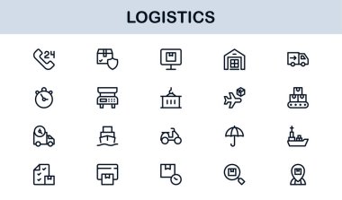 Taşımacılık, Teslimat, Ulaşım, Depo ve Tedarik Zinciri Sembolleri içeren Vektör Biçimli Lojistik Simgesi Ayarlandı