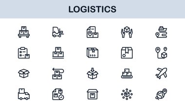 Taşımacılık, Teslimat, Ulaşım, Depo ve Tedarik Zinciri Sembolleri içeren Vektör Biçimli Lojistik Simgesi Ayarlandı