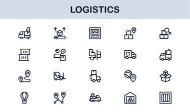 Taşımacılık, Teslimat, Ulaşım, Depo ve Tedarik Zinciri Sembolleri içeren Vektör Biçimli Lojistik Simgesi Ayarlandı