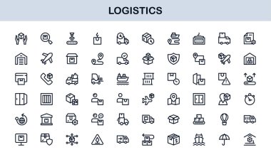 Taşımacılık, Teslimat, Ulaşım, Depo ve Tedarik Zinciri Sembolleri içeren Vektör Biçimli Lojistik Simgesi Ayarlandı