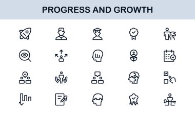 Gelişim Büyüme Çizgisi Simgesi Ayarlandı. İş Geliştirme ve Başarı İçin Modern Profesyonel Vektör Simgeleri