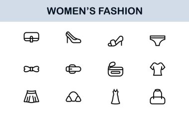 Kadın Moda Çizgisi Simgesi Ayarları. Zarif Markalaşma ve Şık Kıyafet Tasarımı için Profesyonel Asgari Tasarım Simgeleri