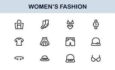 Kadın Moda Çizgisi Simgesi Ayarları. Zarif Markalaşma ve Şık Kıyafet Tasarımı için Profesyonel Asgari Tasarım Simgeleri
