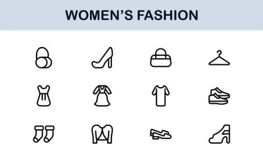 Kadın Moda Çizgisi Simgesi Ayarları. Zarif Markalaşma ve Şık Kıyafet Tasarımı için Profesyonel Asgari Tasarım Simgeleri