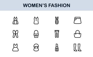Kadın Moda Çizgisi Simgesi Ayarları. Zarif Markalaşma ve Şık Kıyafet Tasarımı için Profesyonel Asgari Tasarım Simgeleri