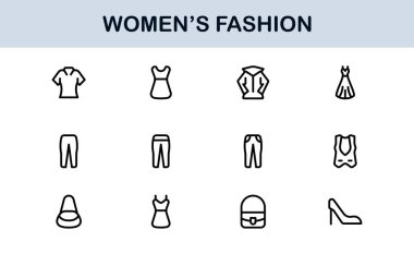 Kadın Moda Çizgisi Simgesi Ayarları. Zarif Markalaşma ve Şık Kıyafet Tasarımı için Profesyonel Asgari Tasarım Simgeleri