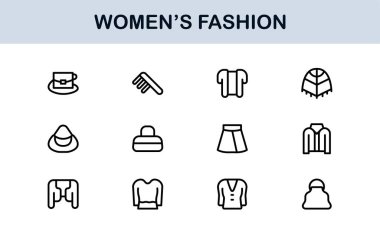Kadın Moda Çizgisi Simgesi Ayarları. Zarif Markalaşma ve Şık Kıyafet Tasarımı için Profesyonel Asgari Tasarım Simgeleri