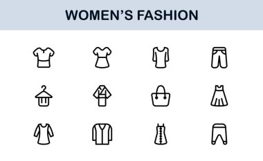 Kadın Moda Çizgisi Simgesi Ayarları. Zarif Markalaşma ve Şık Kıyafet Tasarımı için Profesyonel Asgari Tasarım Simgeleri