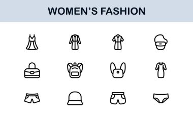 Kadın Moda Çizgisi Simgesi Ayarları. Zarif Markalaşma ve Şık Kıyafet Tasarımı için Profesyonel Asgari Tasarım Simgeleri