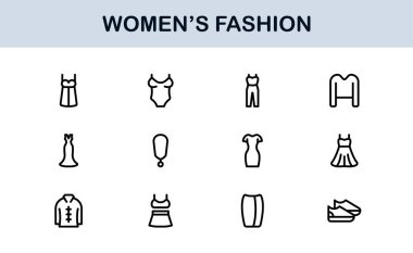 Kadın Moda Çizgisi Simgesi Ayarları. Zarif Markalaşma ve Şık Kıyafet Tasarımı için Profesyonel Asgari Tasarım Simgeleri