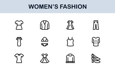 Kadın Moda Çizgisi Simgesi Ayarları. Zarif Markalaşma ve Şık Kıyafet Tasarımı için Profesyonel Asgari Tasarım Simgeleri
