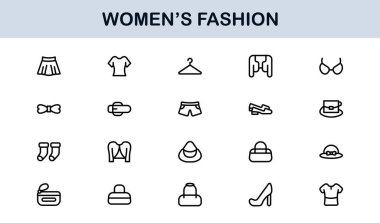 Kadın Moda Çizgisi Simgesi Ayarları. Zarif Markalaşma ve Şık Kıyafet Tasarımı için Profesyonel Asgari Tasarım Simgeleri