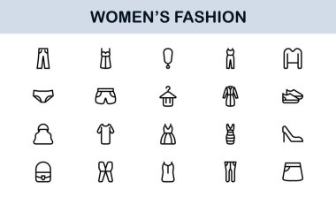 Kadın Moda Çizgisi Simgesi Ayarları. Zarif Markalaşma ve Şık Kıyafet Tasarımı için Profesyonel Asgari Tasarım Simgeleri