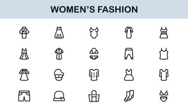 Kadın Moda Çizgisi Simgesi Ayarları. Zarif Markalaşma ve Şık Kıyafet Tasarımı için Profesyonel Asgari Tasarım Simgeleri