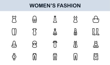 Kadın Moda Çizgisi Simgesi Ayarları. Zarif Markalaşma ve Şık Kıyafet Tasarımı için Profesyonel Asgari Tasarım Simgeleri