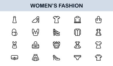 Kadın Moda Çizgisi Simgesi Ayarları. Zarif Markalaşma ve Şık Kıyafet Tasarımı için Profesyonel Asgari Tasarım Simgeleri