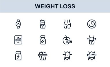 Kilo Veren Sağlık Profesyoneller Hattı Simgesi Ayarlandı. Sağlık ve Diyet İçin Modern Minimal Taslak Vektör Simgeleri