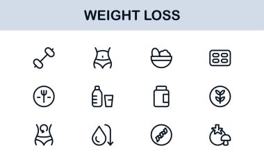 Kilo Veren Sağlık Profesyoneller Hattı Simgesi Ayarlandı. Sağlık ve Diyet İçin Modern Minimal Taslak Vektör Simgeleri
