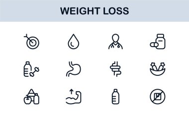 Kilo Veren Sağlık Profesyoneller Hattı Simgesi Ayarlandı. Sağlık ve Diyet İçin Modern Minimal Taslak Vektör Simgeleri